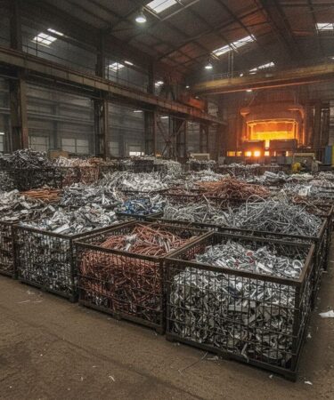 Resíduos metálicos não-ferrosos segregados por tipo em galpão industrial, com forno de fundição ao fundo