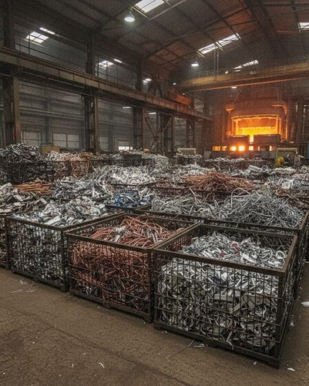 Resíduos metálicos não-ferrosos segregados por tipo em galpão industrial, com forno de fundição ao fundo