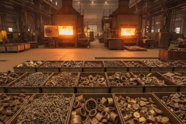 Sucata de bronze separada por tipo em baias metálicas no interior de uma fundição industrial, com forno ao fundo