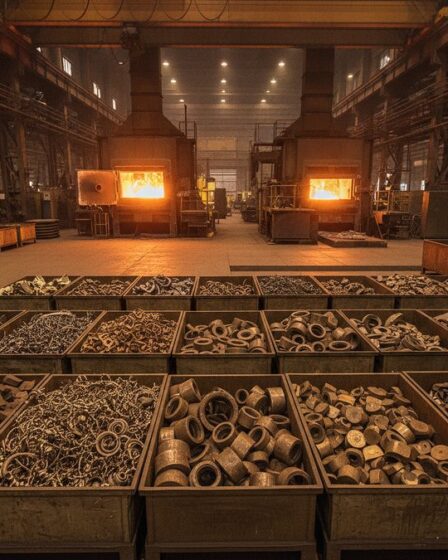 Sucata de bronze separada por tipo em baias metálicas no interior de uma fundição industrial, com forno ao fundo
