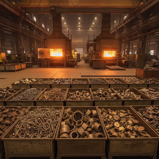 Sucata de bronze separada por tipo em baias metálicas no interior de uma fundição industrial, com forno ao fundo