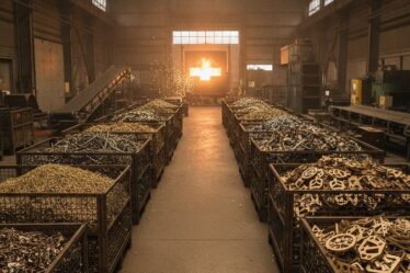 Sucata de latão separada em containers industriais com forno de fundição ao fundo em uma planta de reciclagem de metais