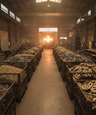 Sucata de latão separada em containers industriais com forno de fundição ao fundo em uma planta de reciclagem de metais