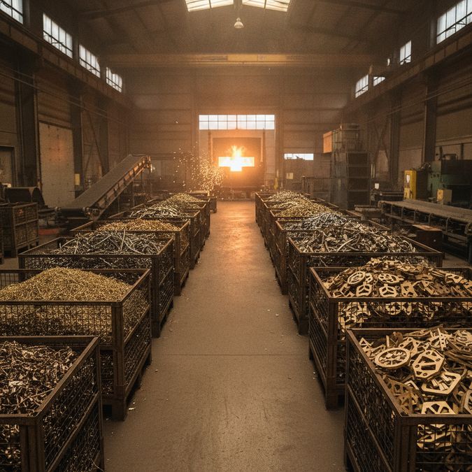 Sucata de latão separada em containers industriais com forno de fundição ao fundo em uma planta de reciclagem de metais