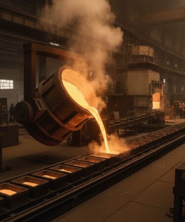Alumínio fundido sendo despejado em moldes de lingoteira em uma fundição industrial