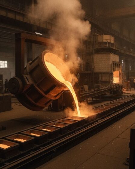 Alumínio fundido sendo despejado em moldes de lingoteira em uma fundição industrial