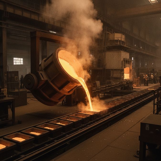 Alumínio fundido sendo despejado em moldes de lingoteira em uma fundição industrial