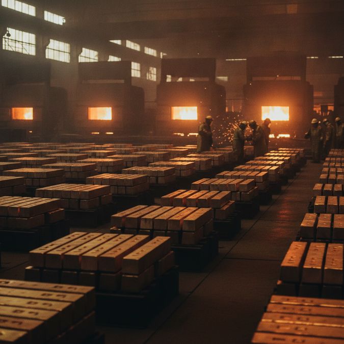 Lingotes de bronze e latão resfriando em bancadas metálicas no interior de uma fundição industrial