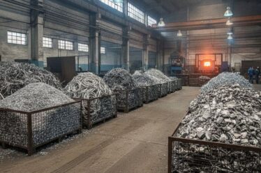 Pátio industrial com frações de sucata de alumínio separadas por tipo, incluindo cavacos e pontas de corte, em ambiente de fu