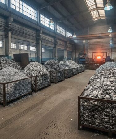 Pátio industrial com frações de sucata de alumínio separadas por tipo, incluindo cavacos e pontas de corte, em ambiente de fu