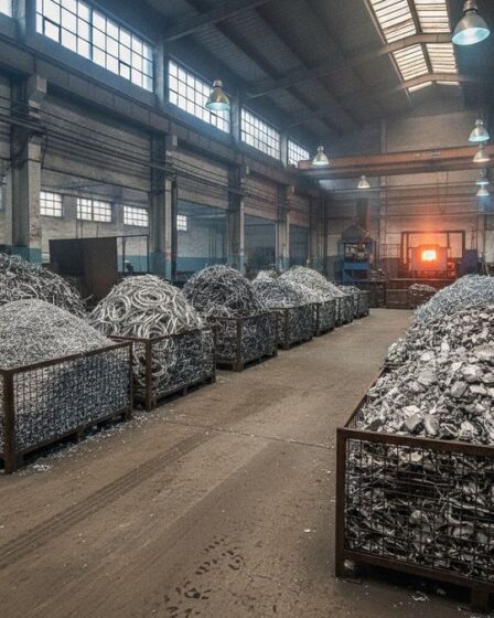 Pátio industrial com frações de sucata de alumínio separadas por tipo, incluindo cavacos e pontas de corte, em ambiente de fu