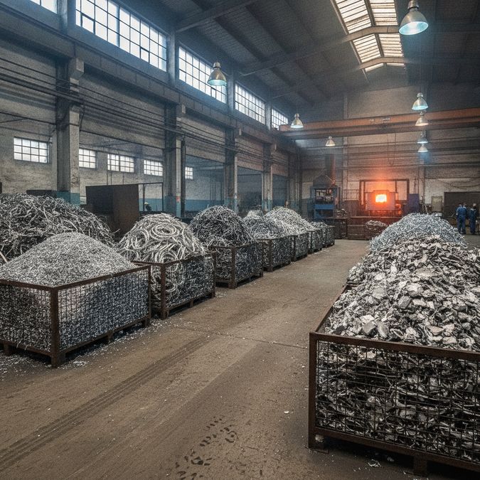 Pátio industrial com frações de sucata de alumínio separadas por tipo, incluindo cavacos e pontas de corte, em ambiente de fu