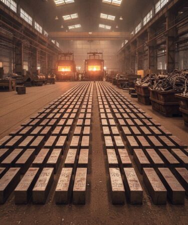 Lingotes de metais não ferrosos resfriando no chão de uma fundição industrial com fornos ao fundo