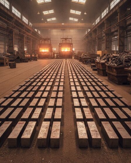 Lingotes de metais não ferrosos resfriando no chão de uma fundição industrial com fornos ao fundo
