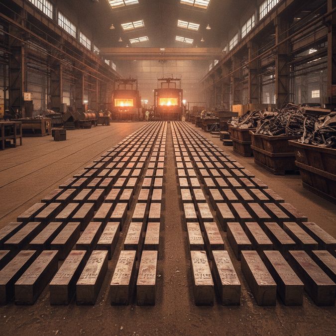Lingotes de metais não ferrosos resfriando no chão de uma fundição industrial com fornos ao fundo