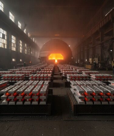 Lingotes de ligas de alumínio para fundição resfriando em grelha metálica no interior de uma fundição industrial