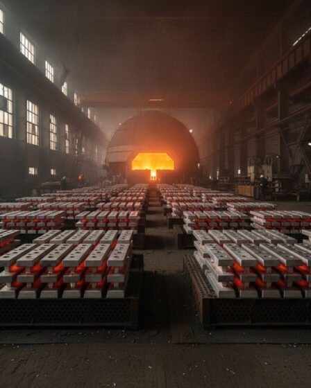Lingotes de ligas de alumínio para fundição resfriando em grelha metálica no interior de uma fundição industrial