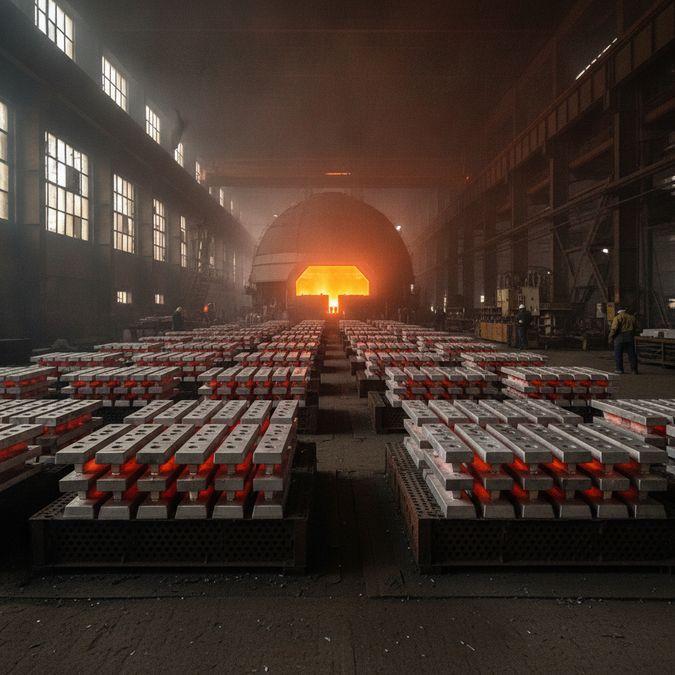 Lingotes de ligas de alumínio para fundição resfriando em grelha metálica no interior de uma fundição industrial