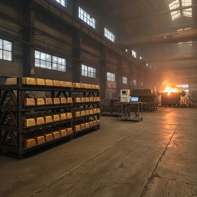 Lingotes de bronze recém-fundidos organizados em rack metálico em ambiente de fundição industrial