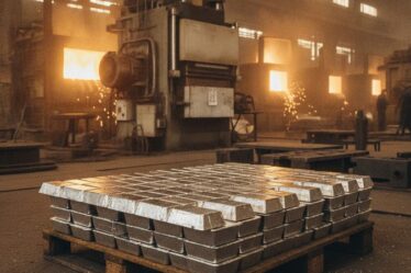 Lingotes de zamac empilhados em fundição industrial com máquina de injeção sob pressão ao fundo