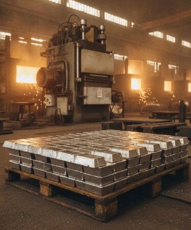 Lingotes de zamac empilhados em fundição industrial com máquina de injeção sob pressão ao fundo