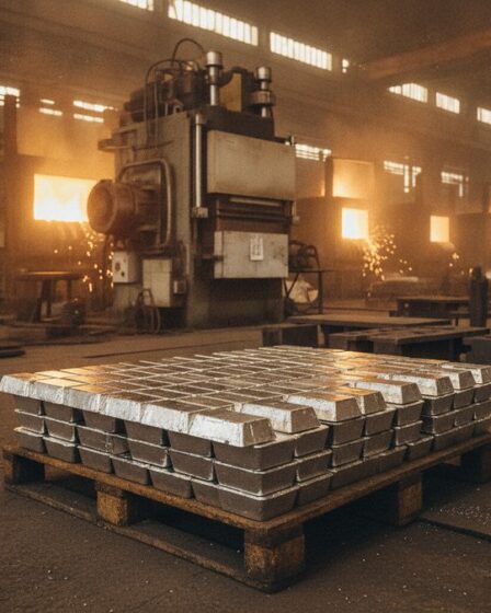 Lingotes de zamac empilhados em fundição industrial com máquina de injeção sob pressão ao fundo