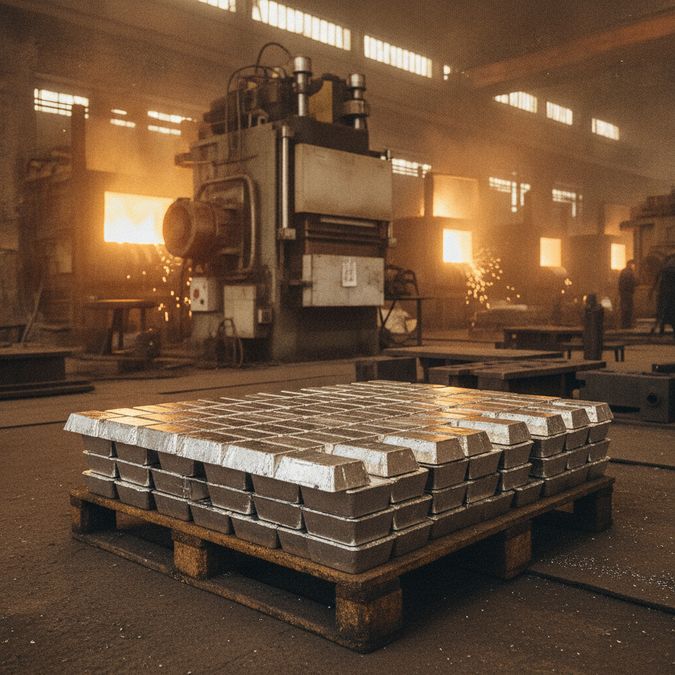 Lingotes de zamac empilhados em fundição industrial com máquina de injeção sob pressão ao fundo