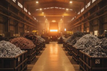 Resíduos metálicos não-ferrosos segregados por tipo em uma planta industrial de reciclagem, com forno ao fundo