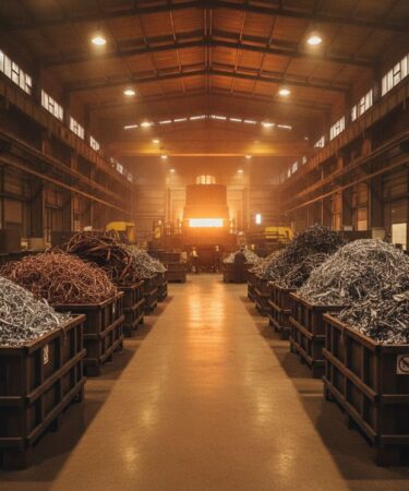 Resíduos metálicos não-ferrosos segregados por tipo em uma planta industrial de reciclagem, com forno ao fundo