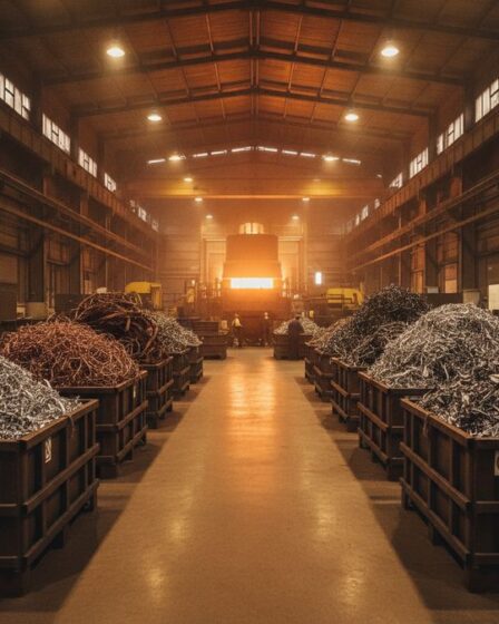 Resíduos metálicos não-ferrosos segregados por tipo em uma planta industrial de reciclagem, com forno ao fundo