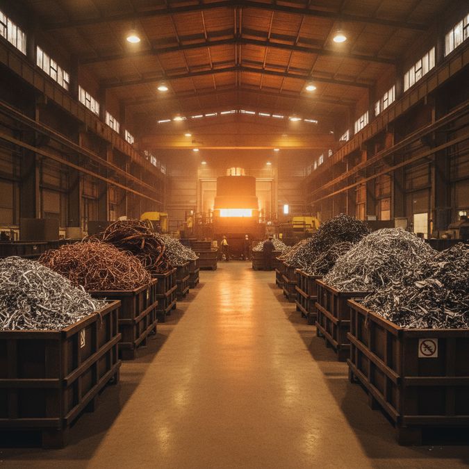 Resíduos metálicos não-ferrosos segregados por tipo em uma planta industrial de reciclagem, com forno ao fundo