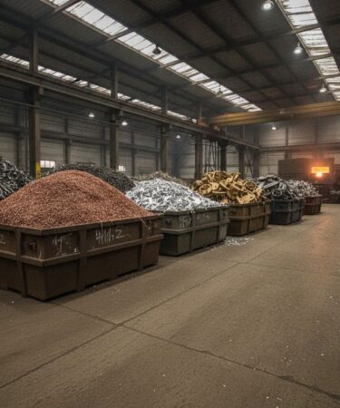 Resíduos metálicos não-ferrosos separados por tipo em galpão industrial de reciclagem, com forno de fundição ao fundo