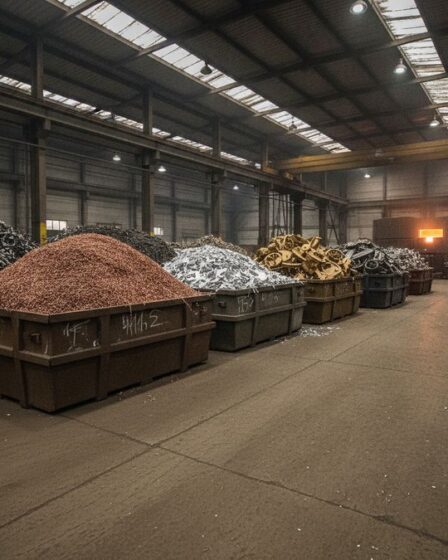 Resíduos metálicos não-ferrosos separados por tipo em galpão industrial de reciclagem, com forno de fundição ao fundo