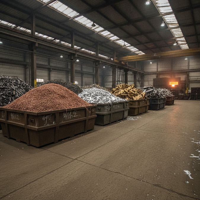 Resíduos metálicos não-ferrosos separados por tipo em galpão industrial de reciclagem, com forno de fundição ao fundo
